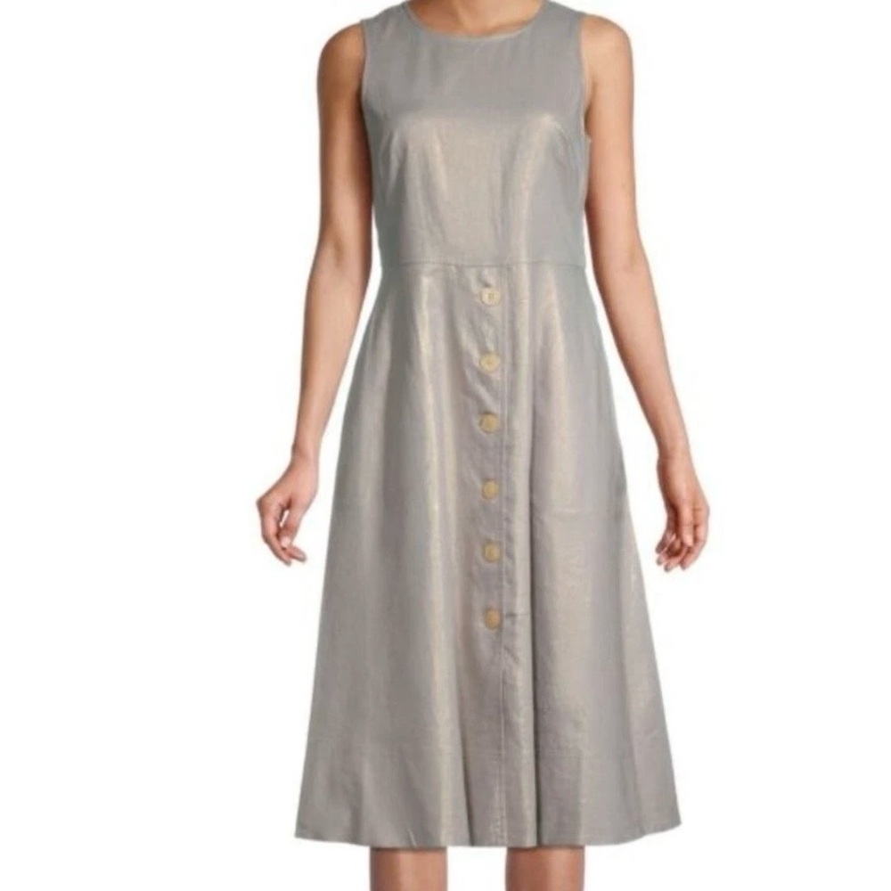 Donna Karan NY Metallic Linen Midi Dress Gold Sheen Button Front Size 10